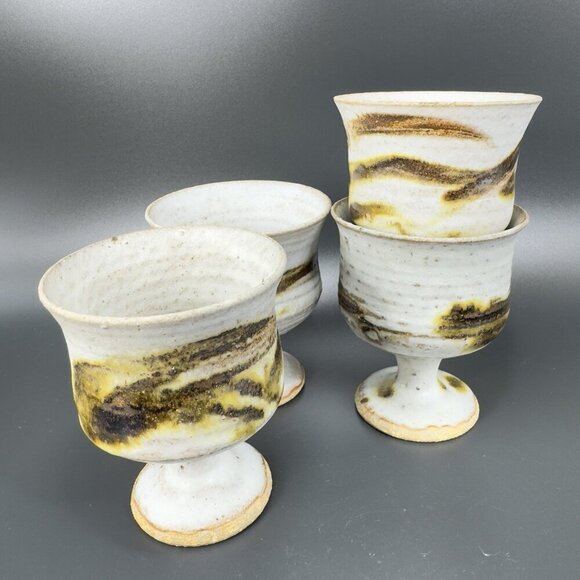 Vintage Hand Made Stoneware Pottery Footed Cups Goblets Set 4 Drip Glaze Cups - Picture 12 of 15